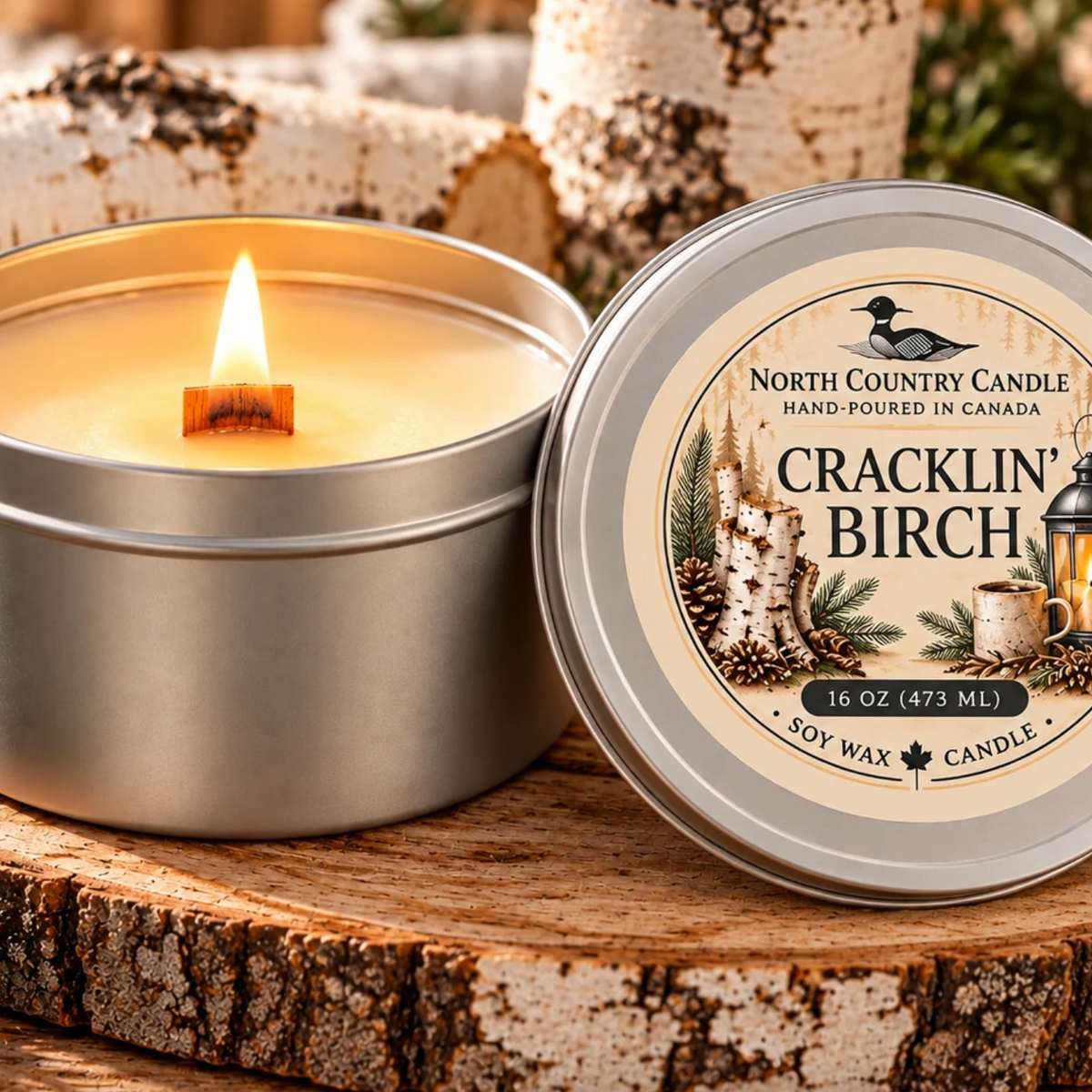 North Country Candle - 16oz Silver Wood Wick Candle Tin