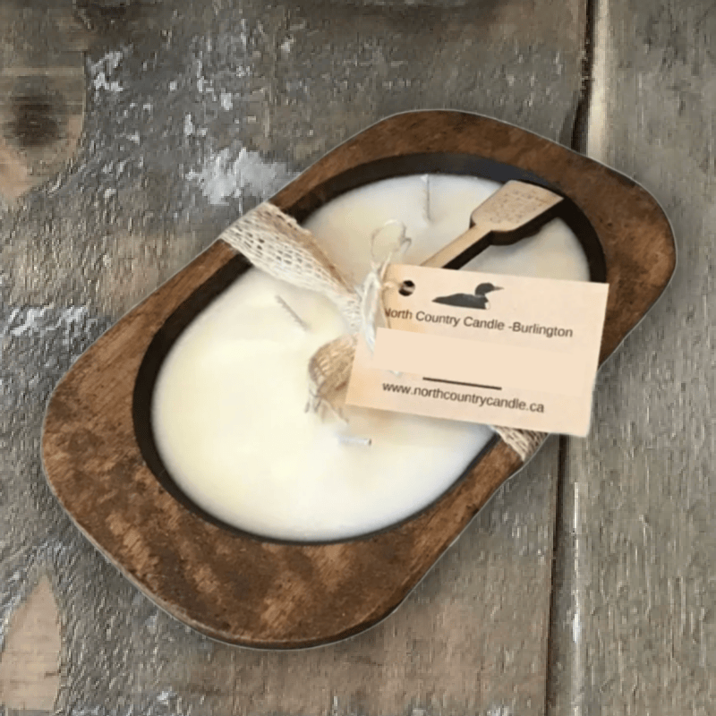 Dough bowl candle with wooden spoon and tag