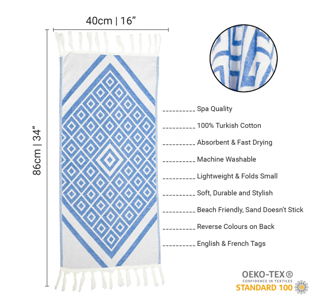 Pomp & Sass Turkish Hand Towel - Geo Diamond Blue/White