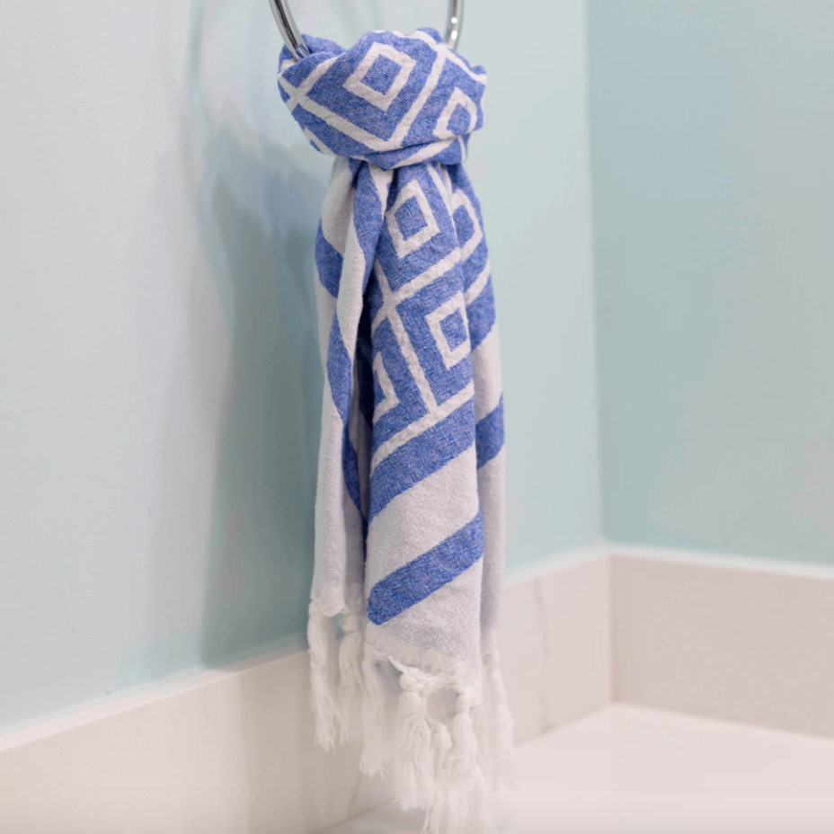 Pomp & Sass Turkish Hand Towel - Geo Diamond Blue/White