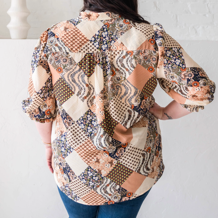 DOTTY Cream & Navy Patchwork Blouse