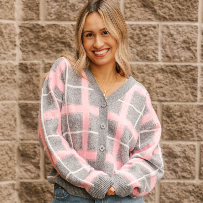 Smash & Tess PLAID Cardigan - Pink/Grey Combo