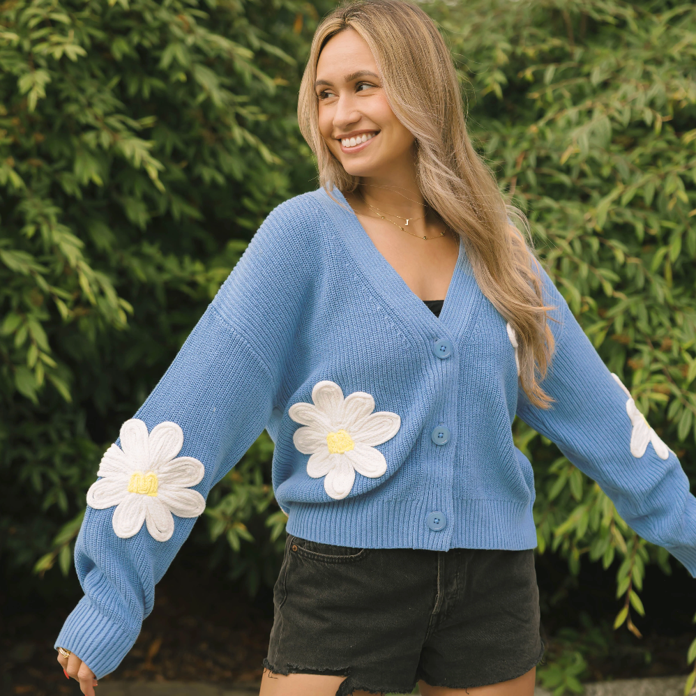 Smash & Tess NORA Daisy Cotton Cardigan - Cornflower Blue/Ivory