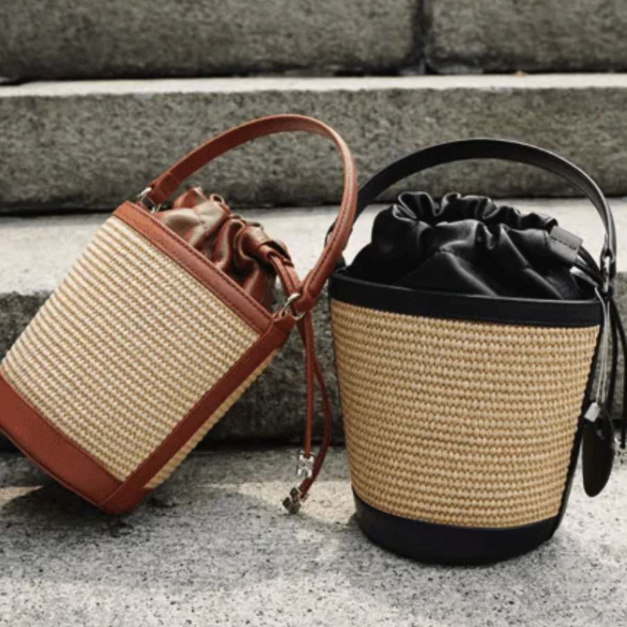 preneLOVE LYTTON Raffia Small Crossbody Bucket Bag