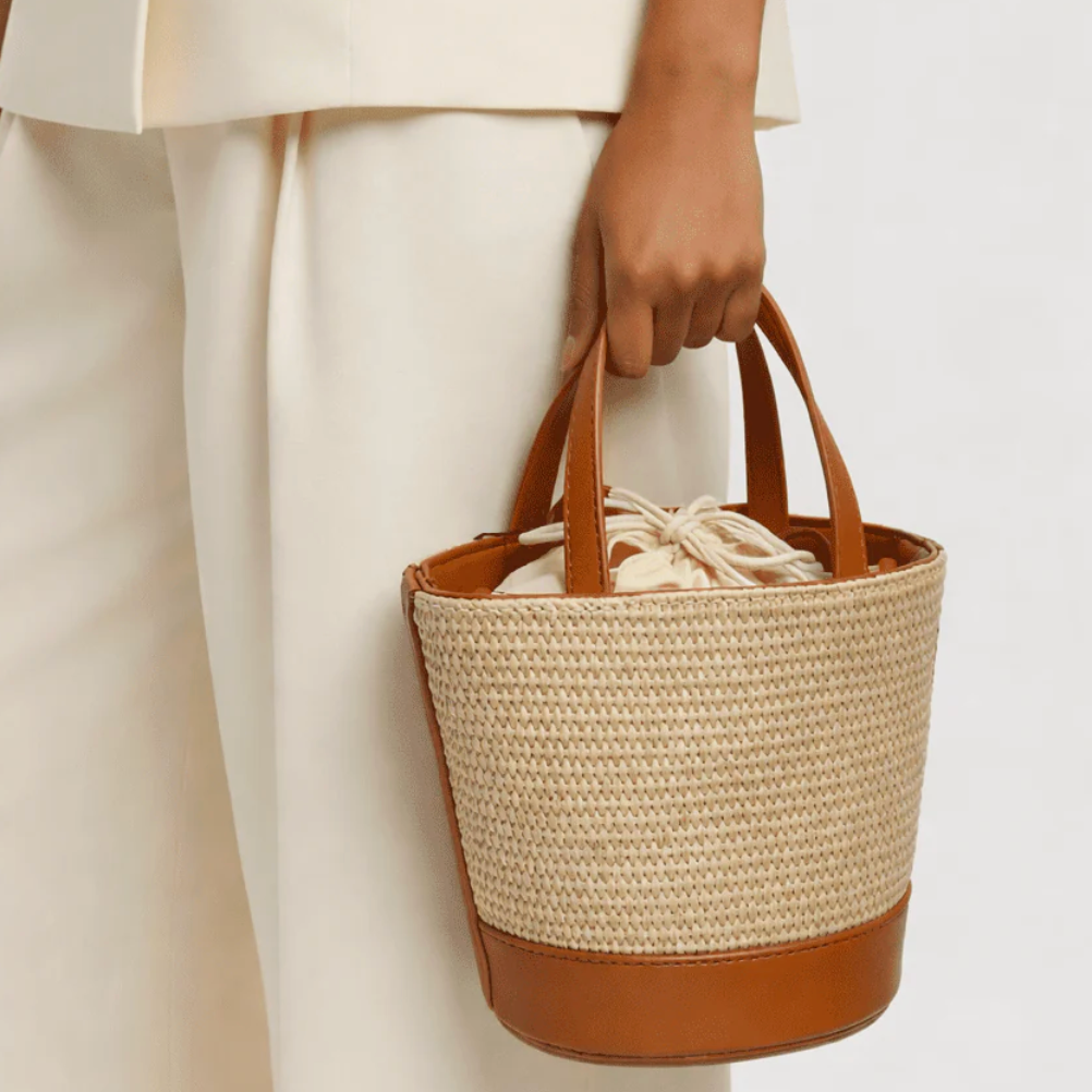 preneLOVE LYTTON Raffia Small Crossbody Bucket Bag