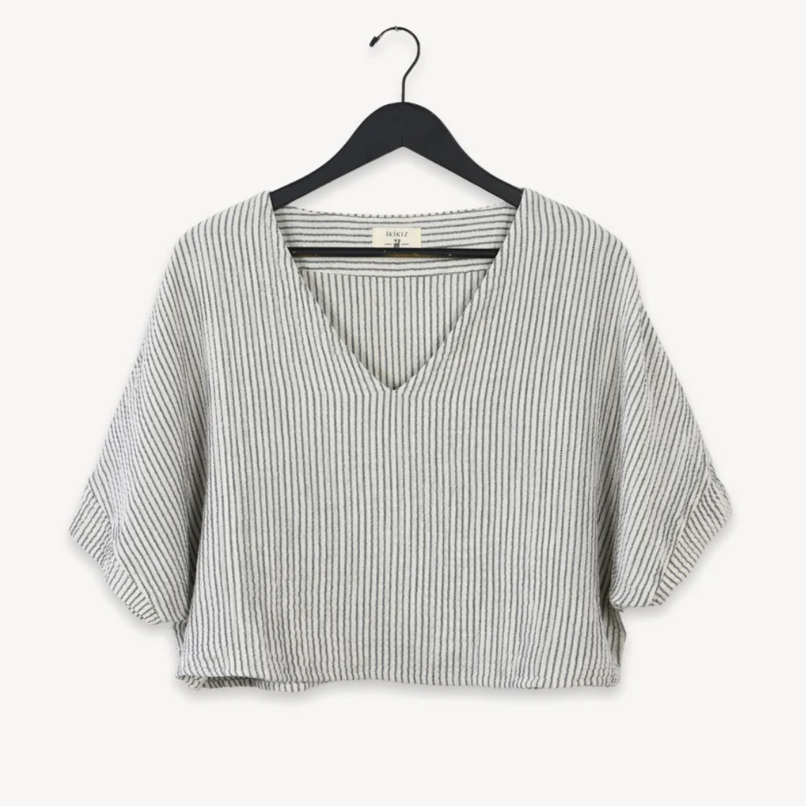 Pokoloko - Charcoal Striped Cotton Blend Crinkle Crop Top