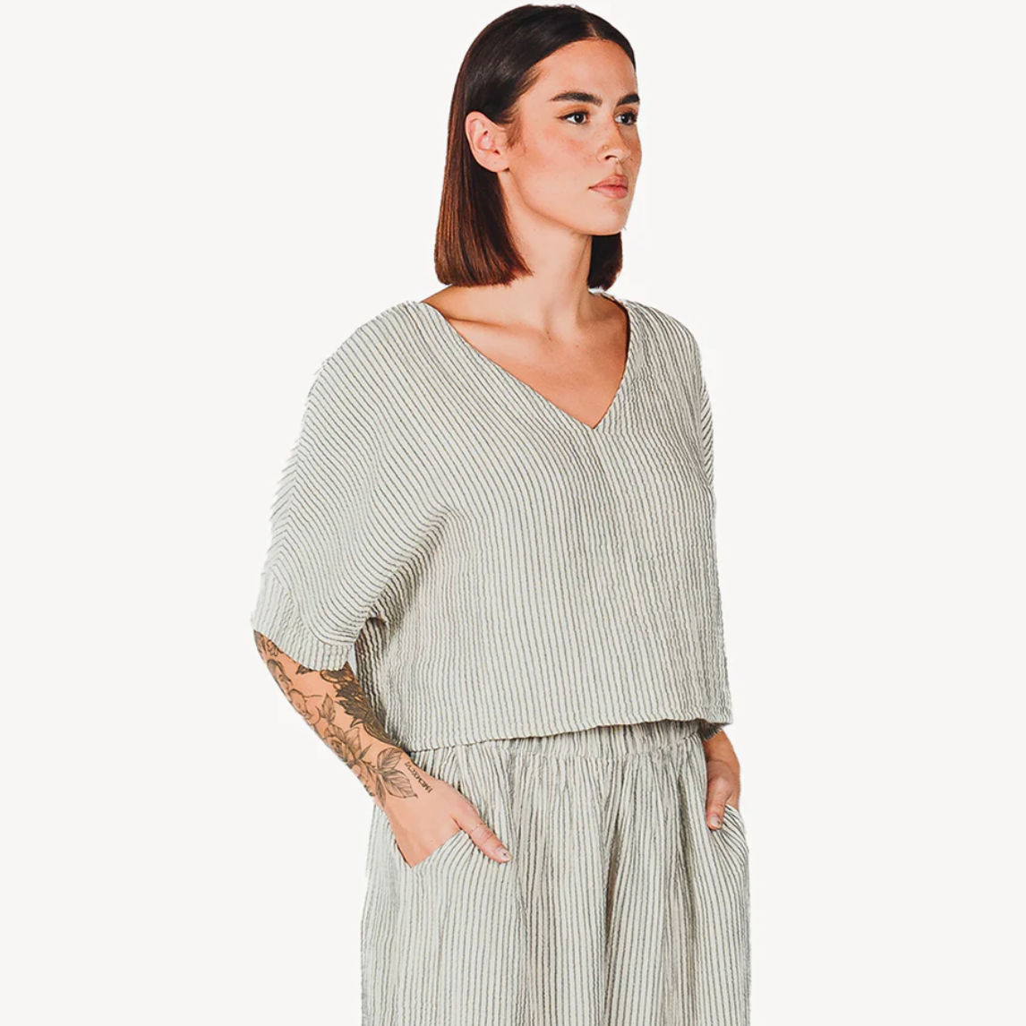 Pokoloko - Charcoal Striped Cotton Blend Crinkle Crop Top