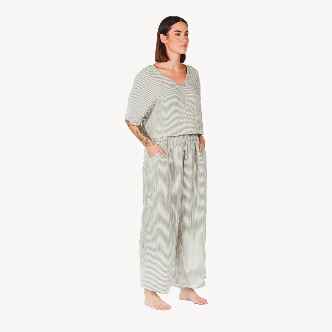 Pokoloko - Charcoal Striped Cotton Blend Crinkle Palazzo Pant