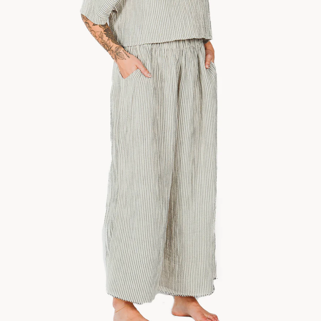 Pokoloko - Charcoal Striped Cotton Blend Crinkle Palazzo Pant
