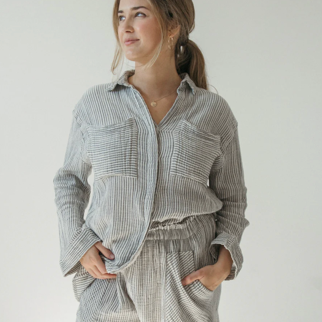 Pokoloko - Charcoal Striped Cotton Blend Crinkle Pocket Shirt with Buttons