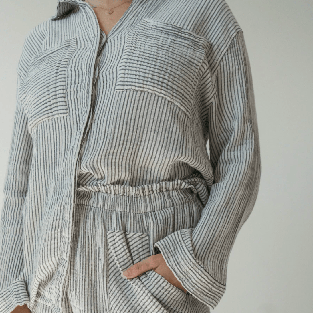 Pokoloko - Charcoal Striped Cotton Blend Crinkle Pocket Shirt with Buttons