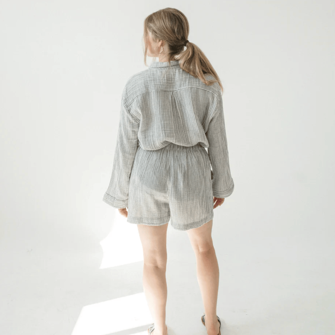 Pokoloko - Charcoal Striped Cotton Blend Crinkle Pocket Shirt with Buttons