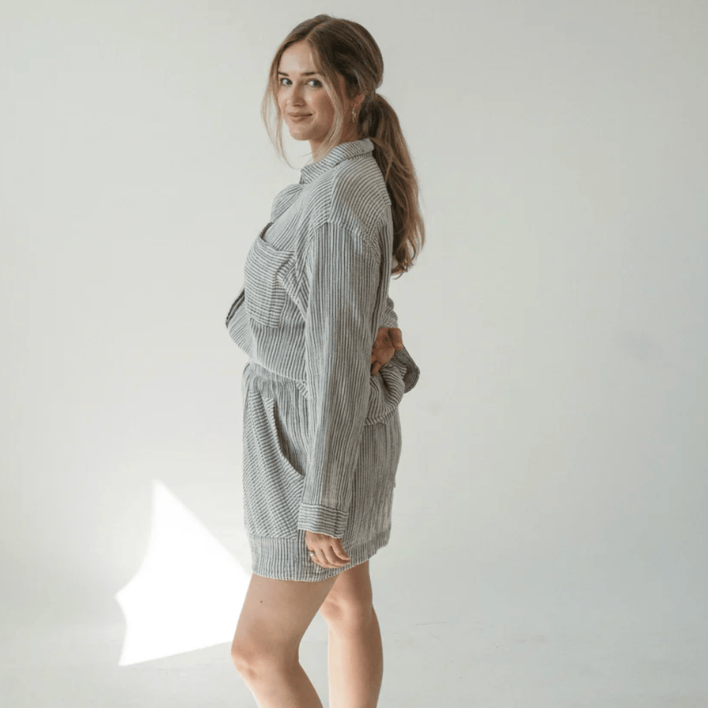 Pokoloko - Charcoal Striped Cotton Blend Crinkle Pocket Shirt with Buttons
