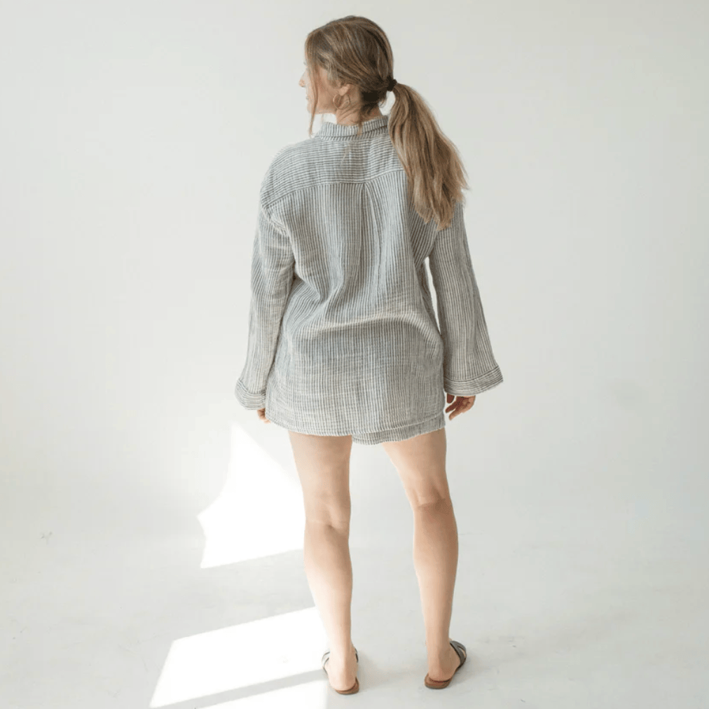 Pokoloko - Charcoal Striped Cotton Blend Crinkle Pocket Shirt with Buttons