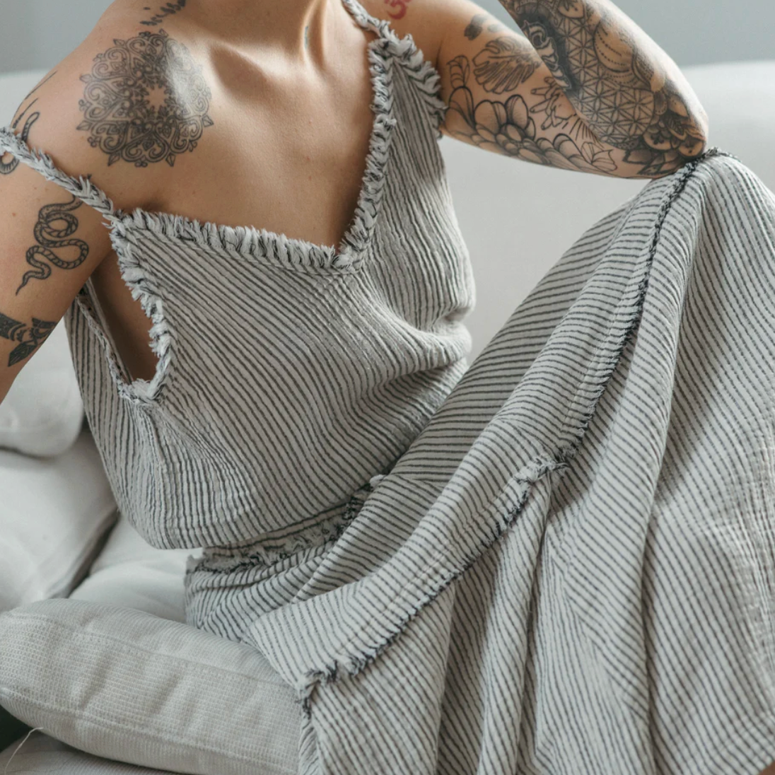 Pokoloko - Charcoal Striped Cotton Blend Crinkle Strappy Top