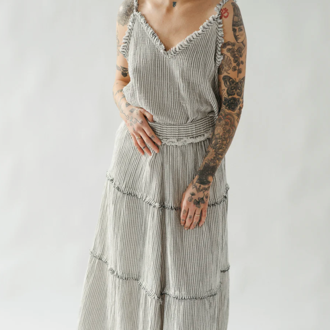Pokoloko - Charcoal Striped Cotton Blend Crinkle Ruffle Skirt