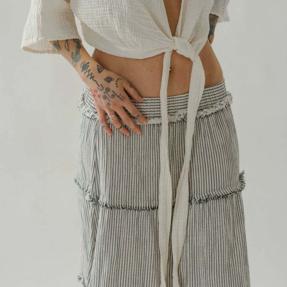 Pokoloko - Charcoal Striped Cotton Blend Crinkle Ruffle Skirt
