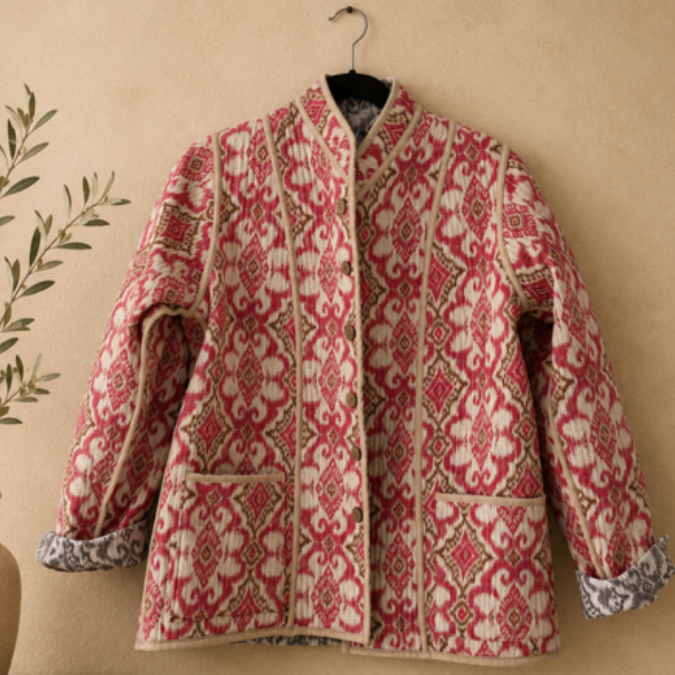 ZINNUR Handmade Reversible Quilted Cotton Jacket - Ikat Design