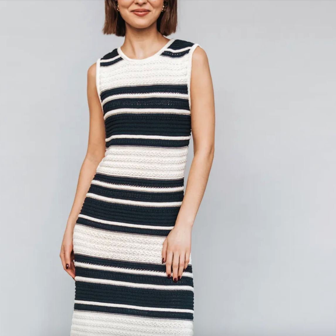 Poppy Barley - The SUNSET NAVY & CREAM Organic Cotton Knit Dress