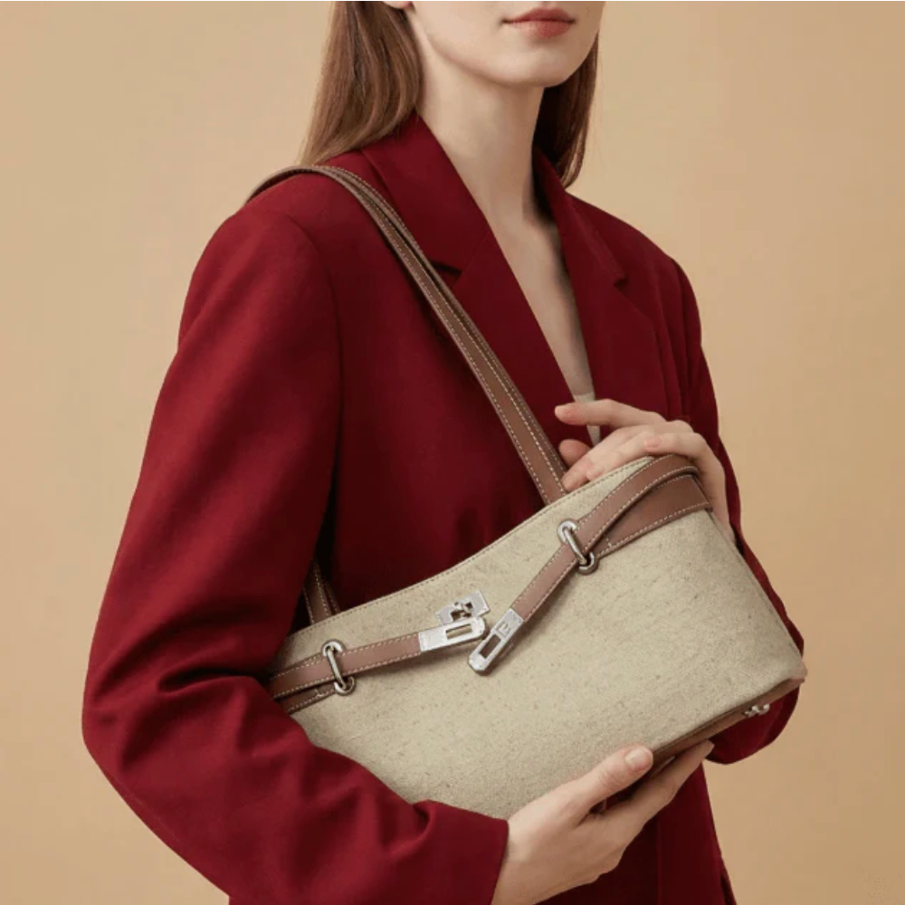 preneLOVE RUNDLE Genuine Leather & Linen Handbag