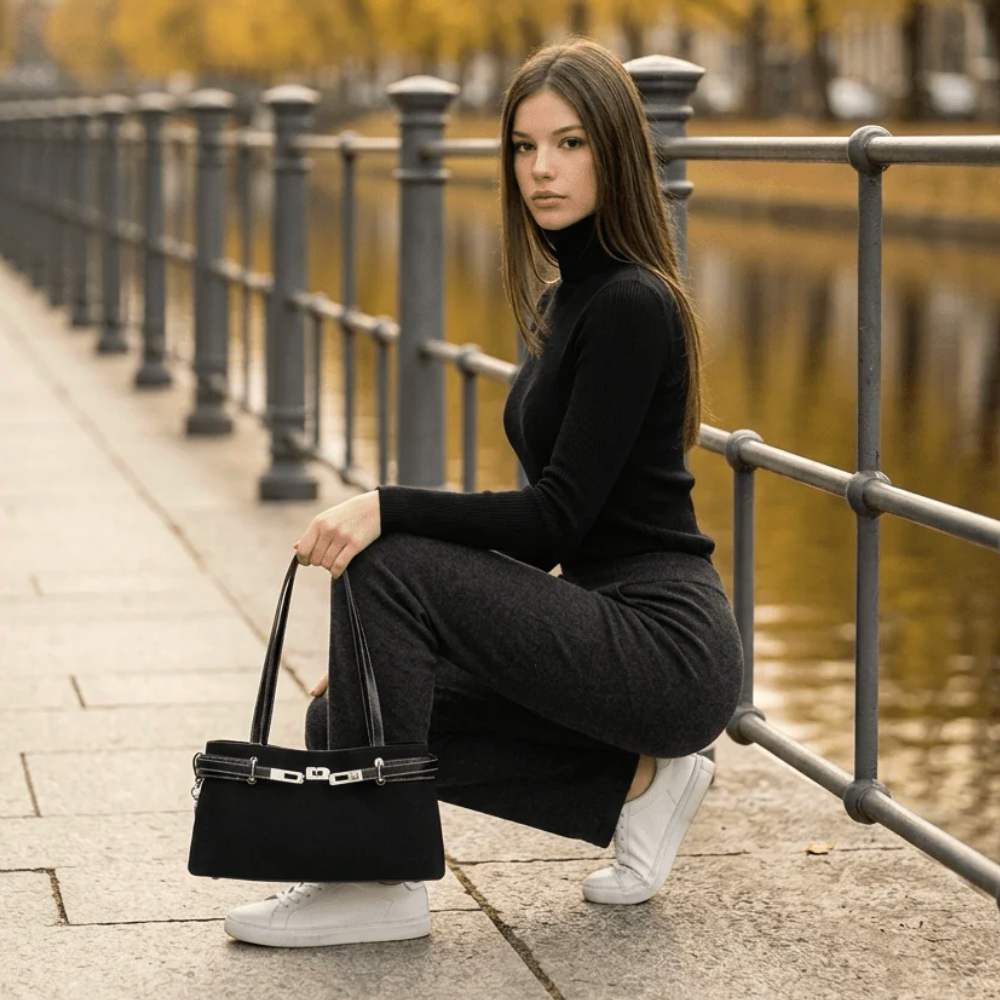 preneLOVE RUNDLE Genuine Leather & Linen Handbag