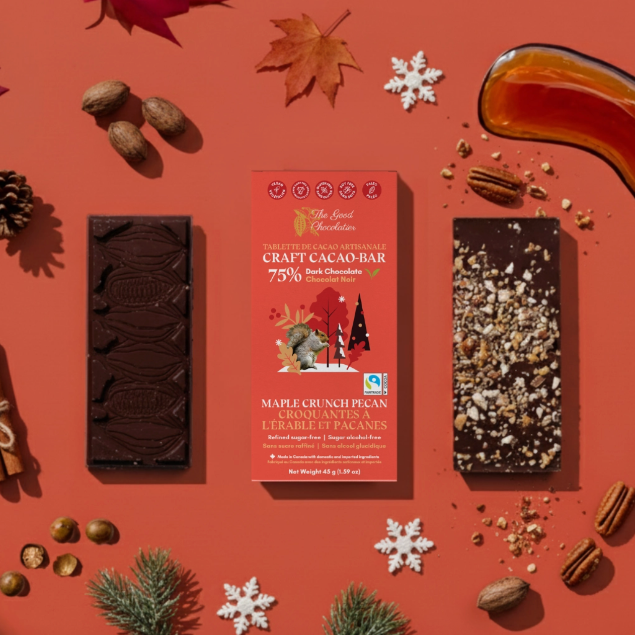 The Good Chocolatier - Maple Crunch Pecan 75% Dark Chocolate Bar