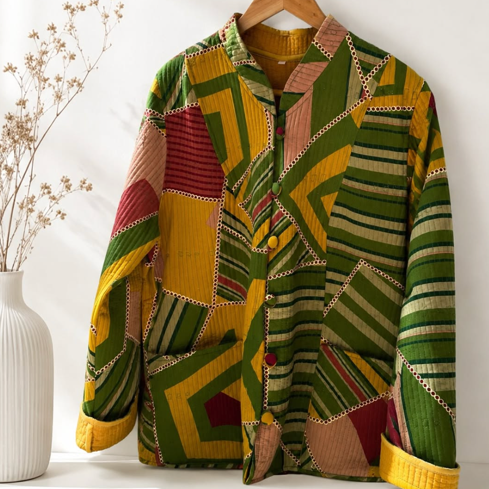 ZINNUR Handmade Reversible Quilted Cotton Jacket - Mustard Evergreen