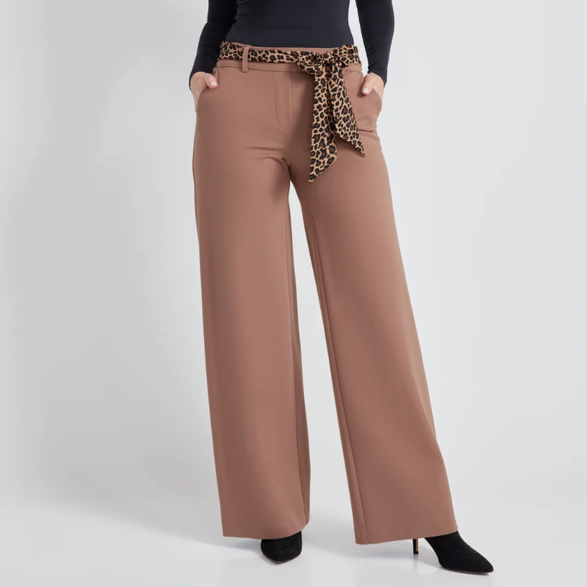 UP! Pants - Ponte Tie-Sash Wide Leg Pants in Biscuit