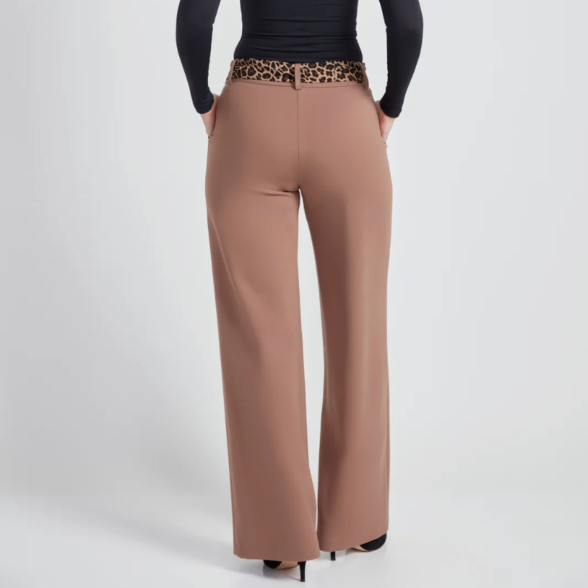 UP! Pants - Ponte Tie-Sash Wide Leg Pants in Biscuit