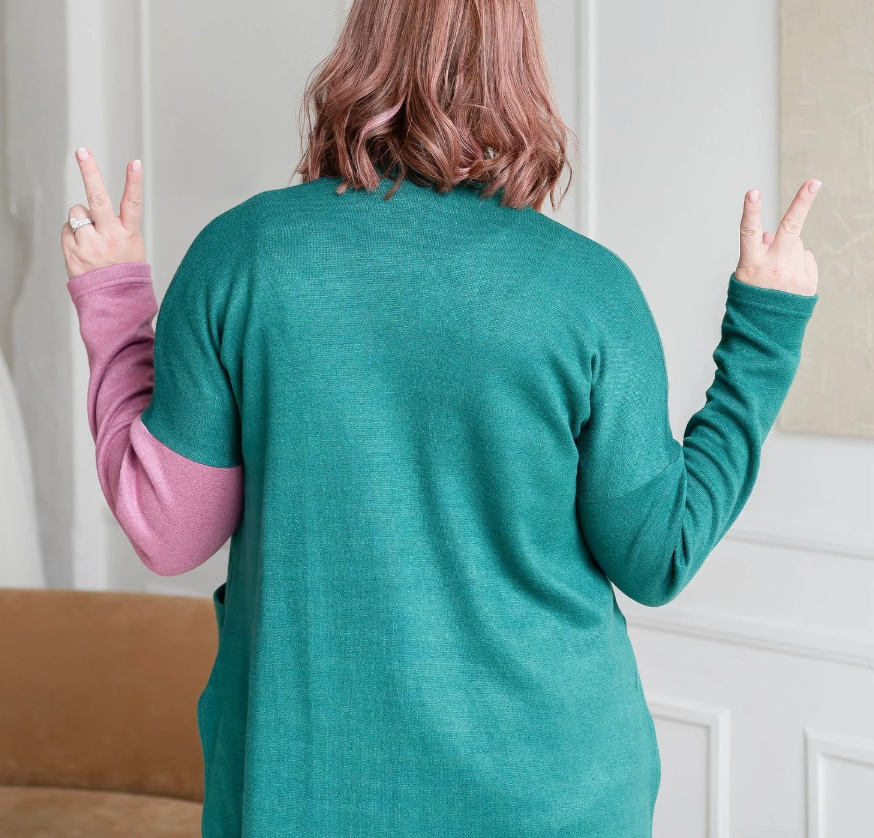 DOTTY - Green + Pink Side Slit Cardigan