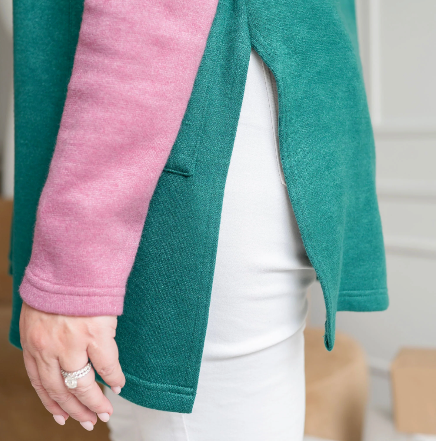 DOTTY - Green + Pink Side Slit Cardigan