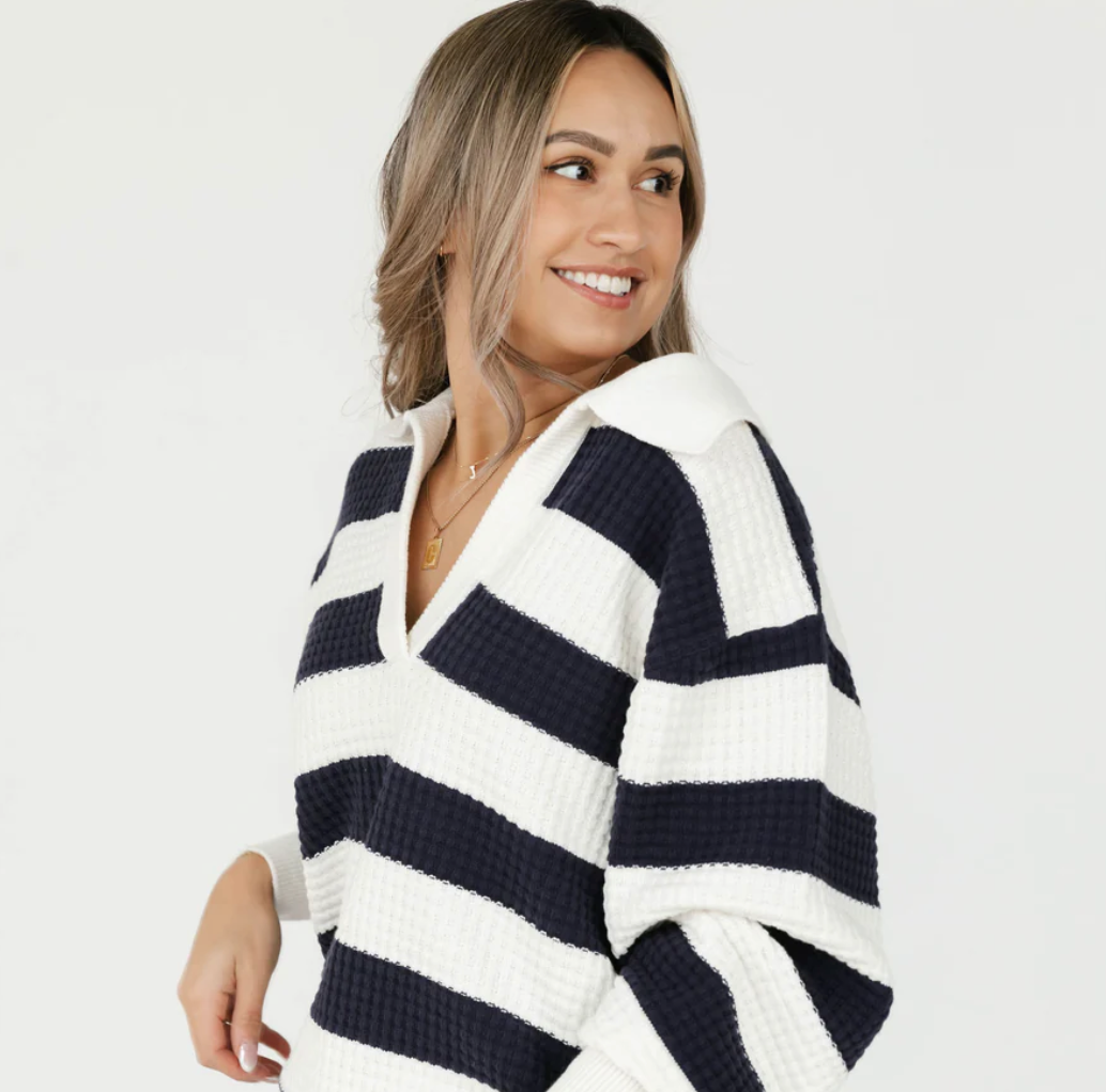 Smash & Tess MEGAN Waffle Sweater - Navy/Ivory Stripe