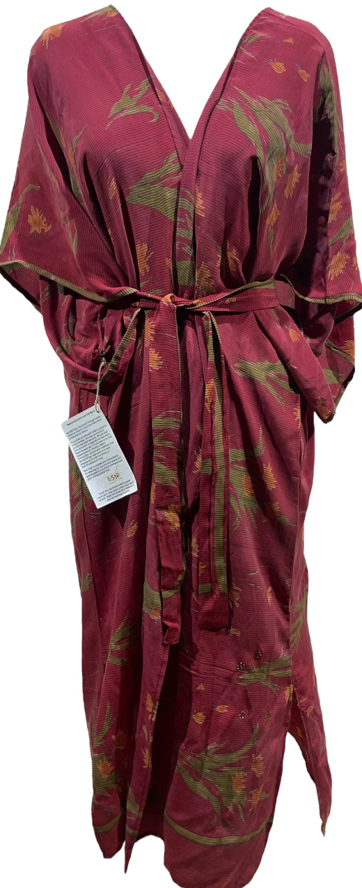 sariKNOTsari Avatar Long Pure Silk Kimono Sleeved Duster with Belt