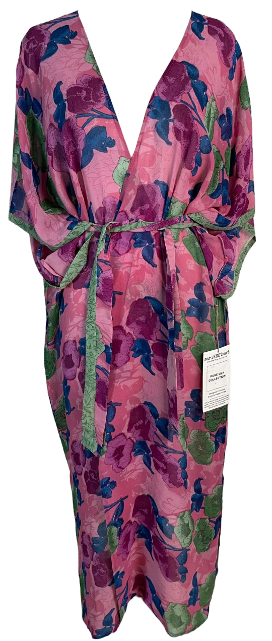 sariKNOTsari Avatar Long Pure Silk Kimono Sleeved Duster with Belt