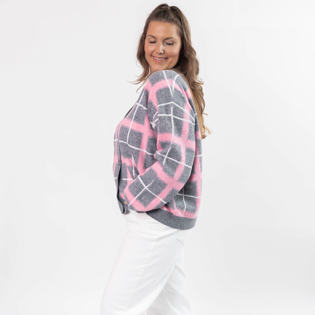Smash & Tess PLAID Cardigan - Pink/Grey Combo