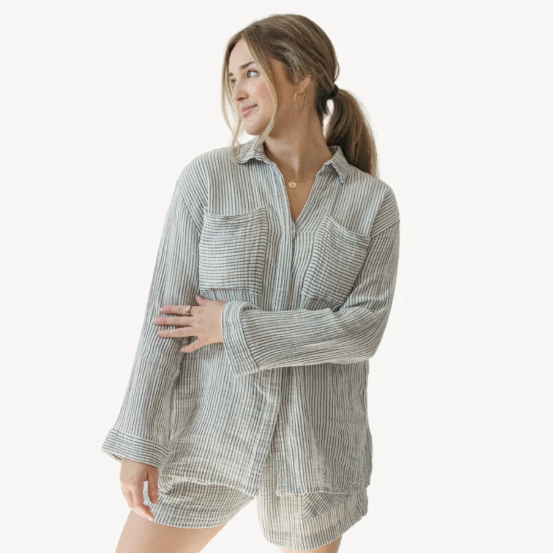 Pokoloko - Charcoal Striped Cotton Blend Crinkle Pocket Shirt with Buttons