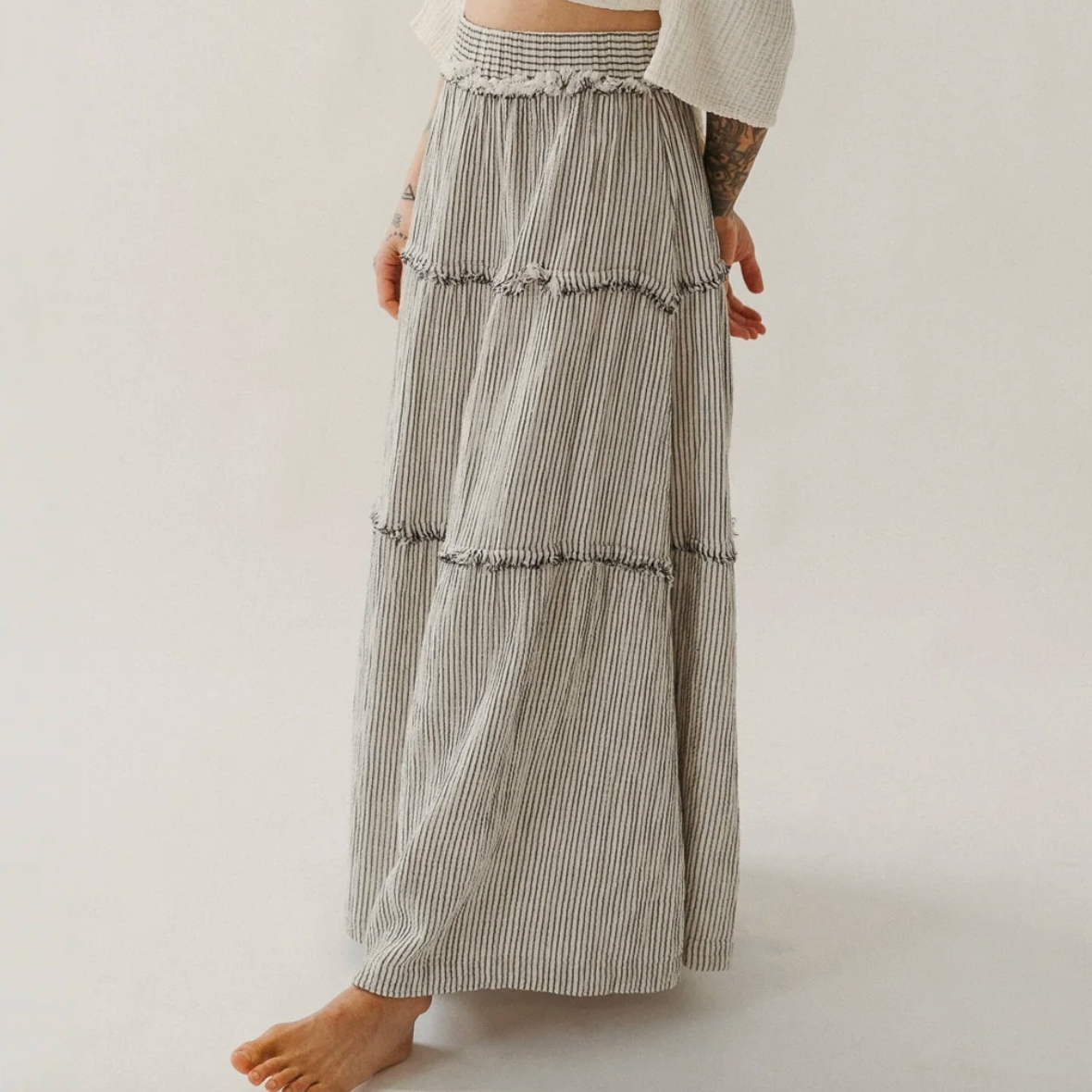 Pokoloko - Charcoal Striped Cotton Blend Crinkle Ruffle Skirt