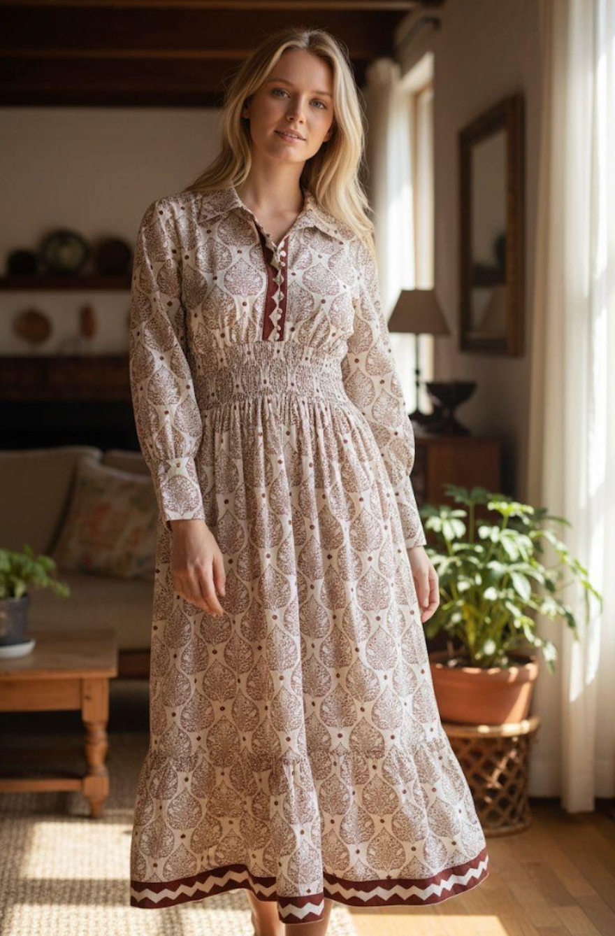 THEBEANWALK Dress - White+Grey Paisley Long Sleeve by Maple & People