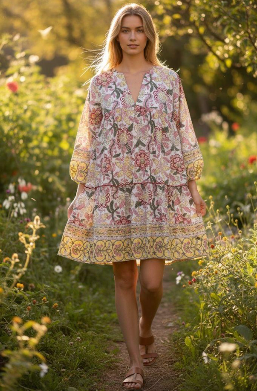 THEBEANWALK Dress - Short Babydoll Pink+Yellow by Maple & People